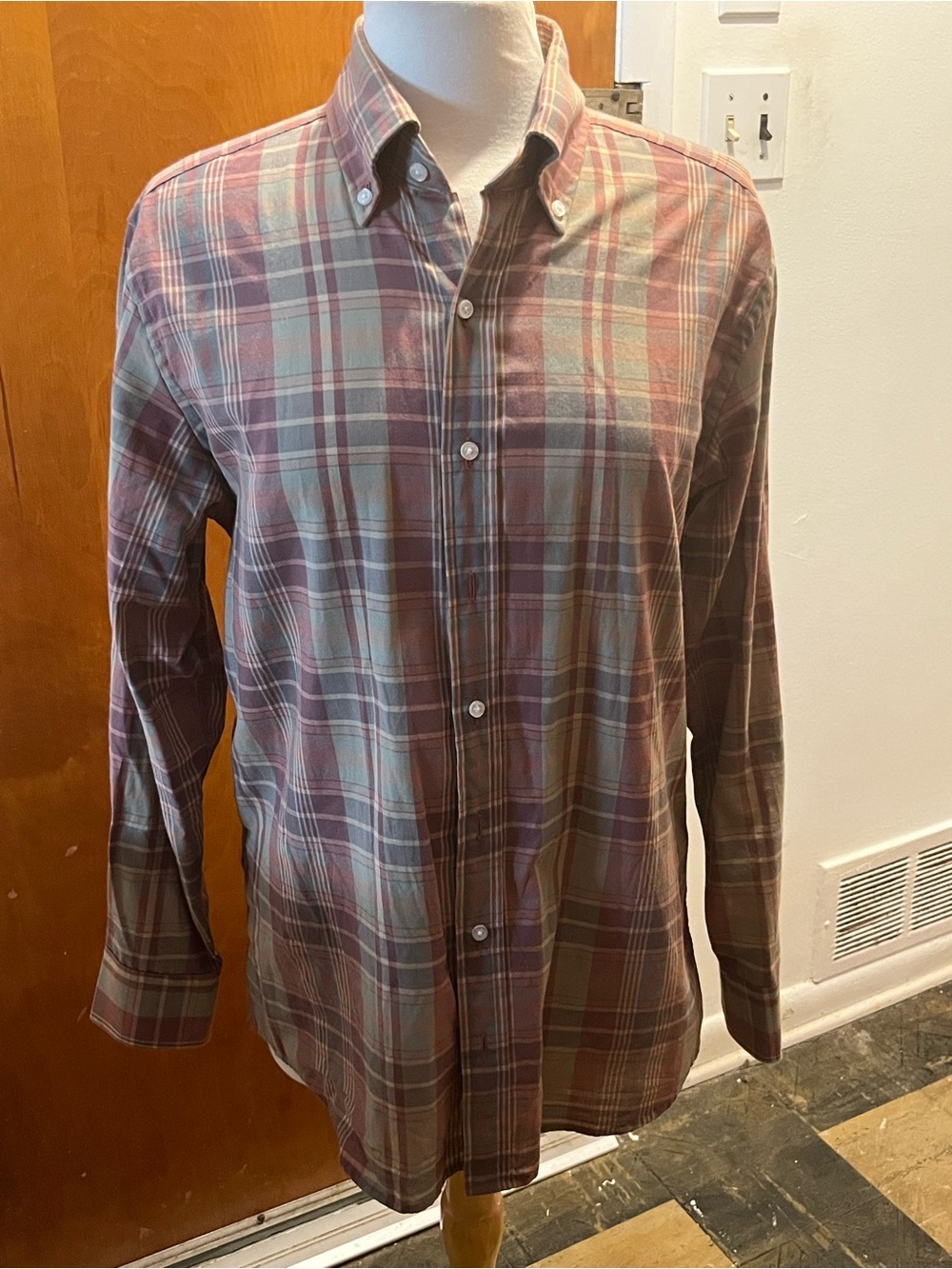 Proper Cloth Men's Long Sleeve Dress Shirt Olive Plaid Size 16 32.5 100% Cotton